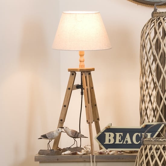 Jerkins Wooden Linen Shade Tripod Table Lamp In Beige FiF