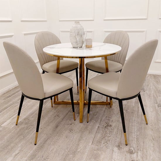 Photo of Jersey round polar white dining table 4 everett beige chairs