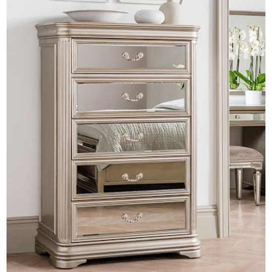 Product photograph of Jessika Mirrored Chest Of 5 Drawers In Taupe from Furniture in Fashion