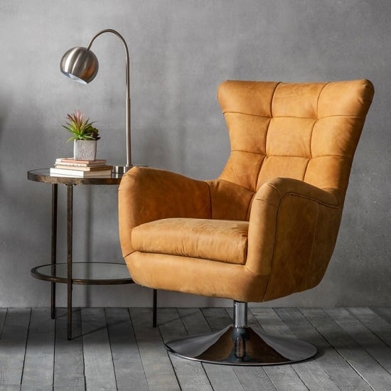 Jester Modern Swivel Lounge Chair In Saddle Tan Leather