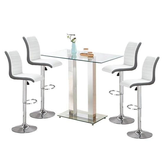 Photo of Jet clear glass top bar table with 4 ritz white grey stools