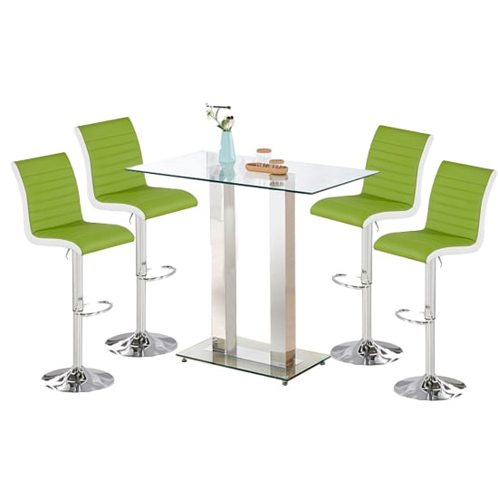 Photo of Jet clear glass top bar table with 4 ritz green white stools