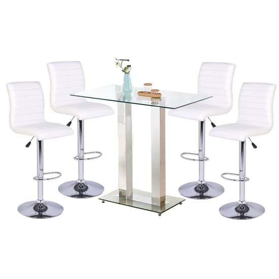 Photo of Jet clear glass top bar table with 4 ripple white stools