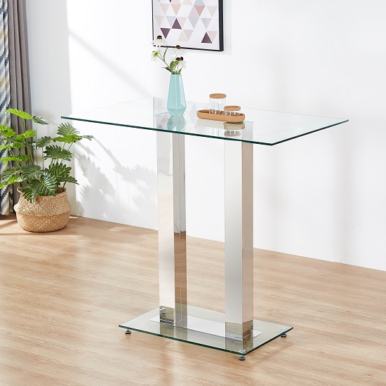 Jet Glass Bar Table Rectangular In Clear With Chrome Supports