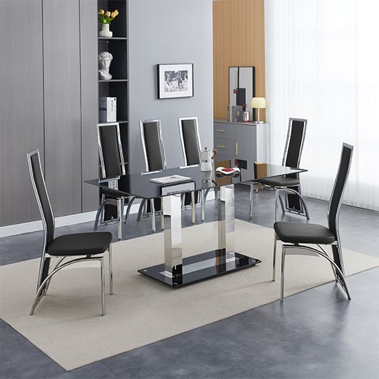 Product photograph of Jet Large Black Glass Dining Table With 6 Chicago Black Chairs from Furniture in Fashion