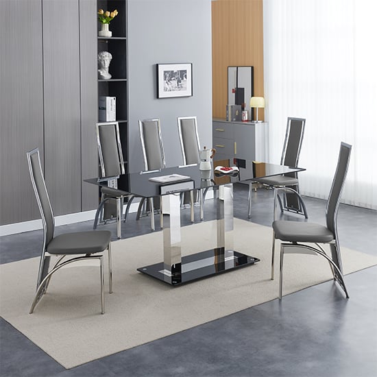 Product photograph of Jet Large Black Glass Dining Table With 6 Chicago Grey Chairs from Furniture in Fashion