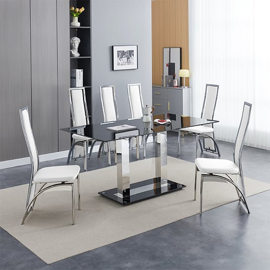 Product photograph of Jet Large Black Glass Dining Table With 6 Chicago White Chairs from Furniture in Fashion