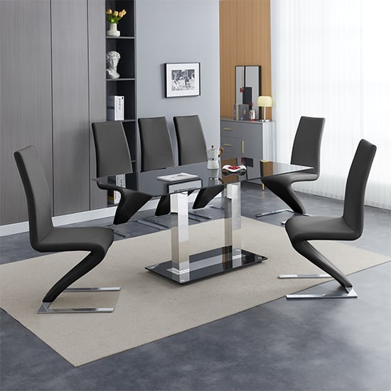 Jet Large Black Glass Dining Table With 6 Demi Z Black Chairs