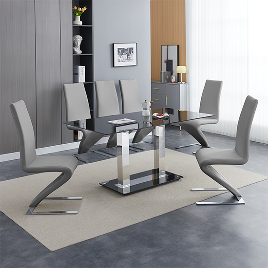 Product photograph of Jet Large Black Glass Dining Table With 6 Demi Z Grey Chairs from Furniture in Fashion