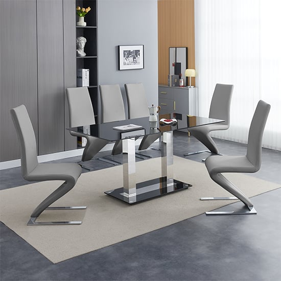 Read more about Jet large black glass dining table with 6 demi z grey chairs