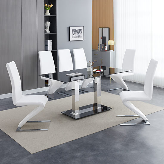 Jet Large Black Glass Dining Table With 6 Demi Z White Chairs