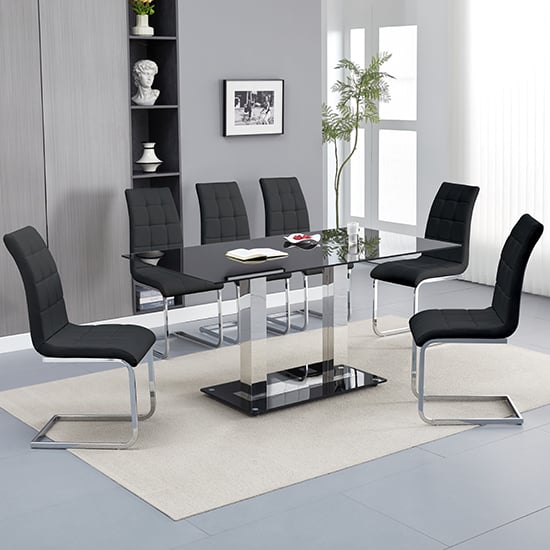 Jet Large Black Glass Dining Table With 6 Paris Black Chairs