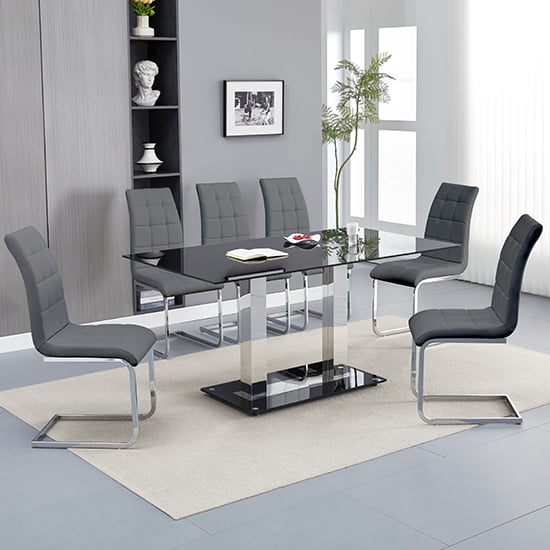 Jet Large Black Glass Dining Table With 6 Paris Grey Chairs