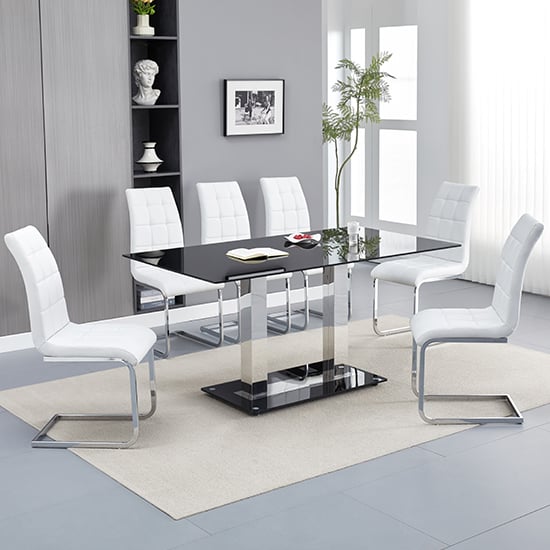 Product photograph of Jet Large Black Glass Dining Table With 6 Paris White Chairs from Furniture in Fashion