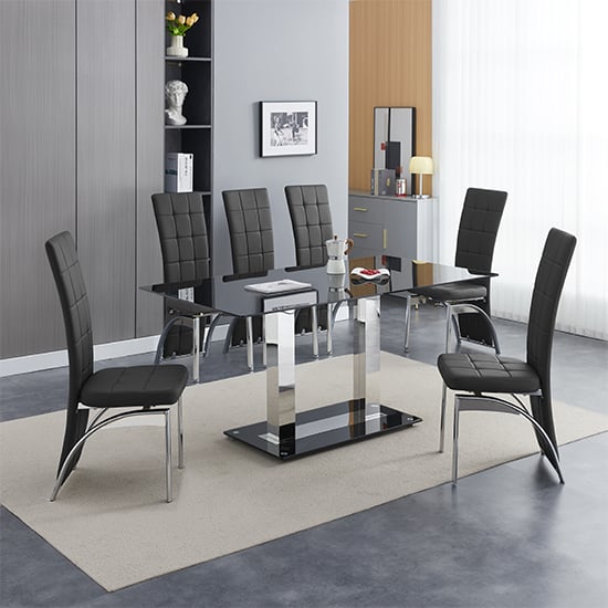 Read more about Jet large black glass dining table with 6 ravenna black chairs