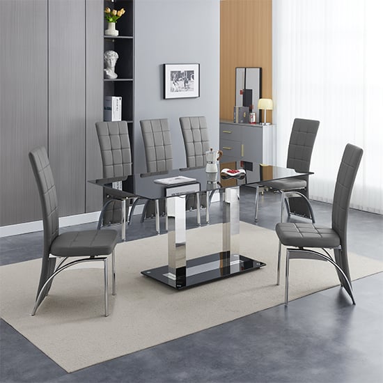 Jet Large Black Glass Dining Table With 6 Ravenna Grey Chairs