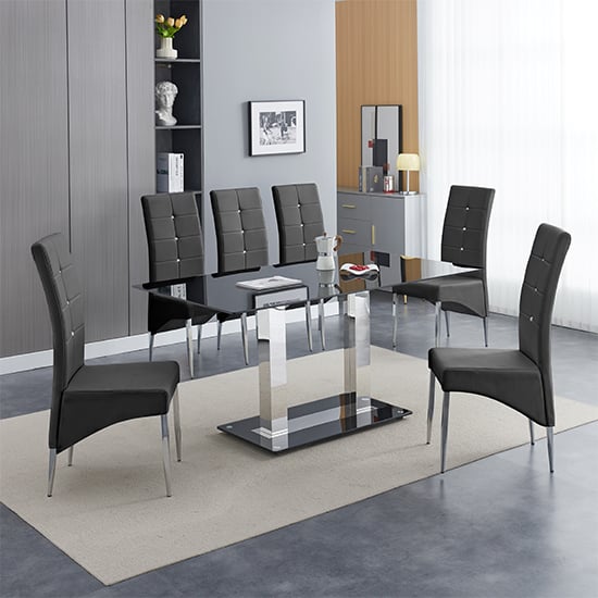 Product photograph of Jet Large Black Glass Dining Table With 6 Vesta Black Chairs from Furniture in Fashion