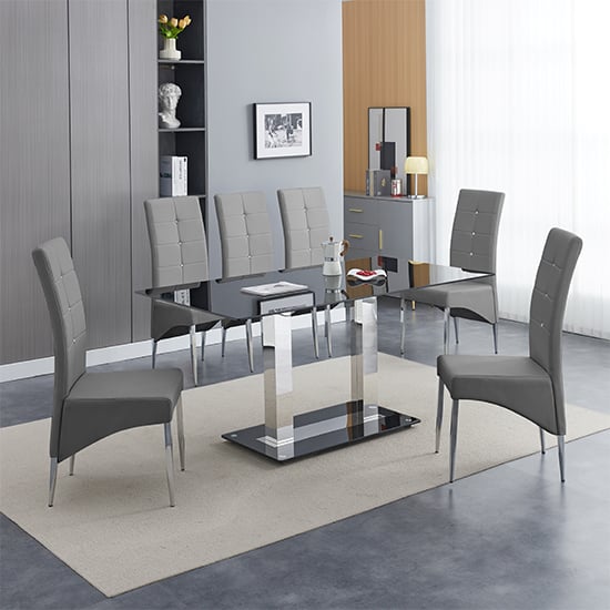 Product photograph of Jet Large Black Glass Dining Table With 6 Vesta Grey Chairs from Furniture in Fashion