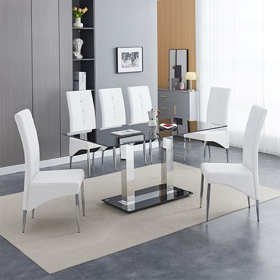 Product photograph of Jet Large Black Glass Dining Table With 6 Vesta White Chairs from Furniture in Fashion