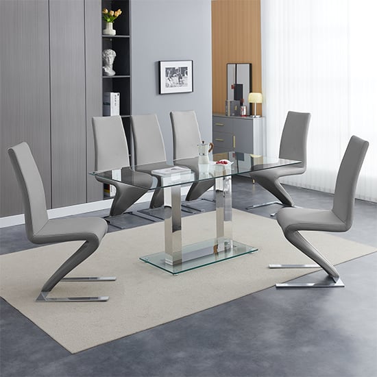 Product photograph of Jet Large Clear Glass Dining Table With 6 Demi Z Grey Chairs from Furniture in Fashion