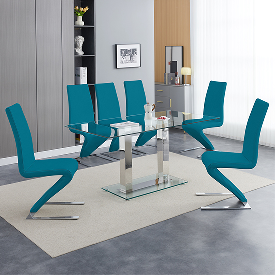 Read more about Jet large clear glass dining table with 6 demi z teal chairs