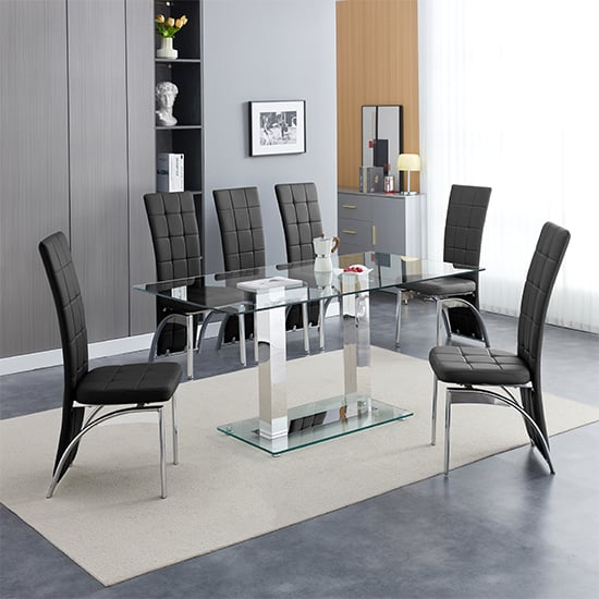 Read more about Jet large clear glass dining table with 6 ravenna black chairs