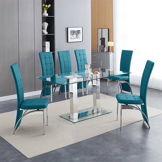 Product photograph of Jet Large Clear Glass Dining Table With 6 Ravenna Teal Chairs from Furniture in Fashion