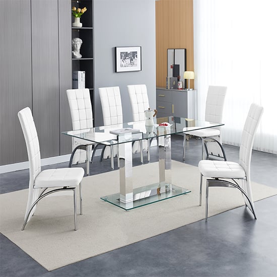 Product photograph of Jet Large Clear Glass Dining Table With 6 Ravenna White Chairs from Furniture in Fashion