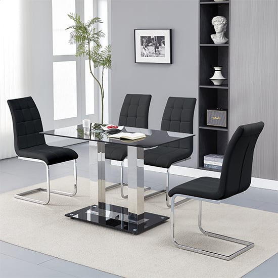 Jet Small Black Glass Dining Table With 4 Paris Black Chairs