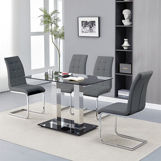 Product photograph of Jet Small Black Glass Dining Table With 4 Paris Grey Chairs from Furniture in Fashion