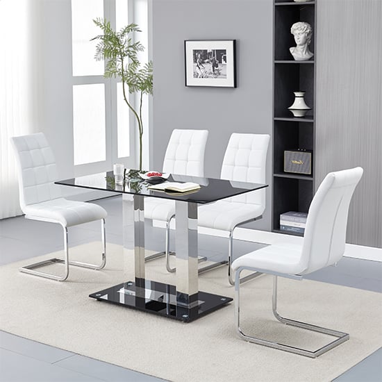 Product photograph of Jet Small Black Glass Dining Table With 4 Paris White Chairs from Furniture in Fashion