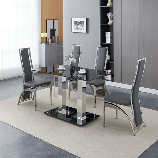 Jet Small Black Glass Dining Table With 4 Vesta Grey Chairs