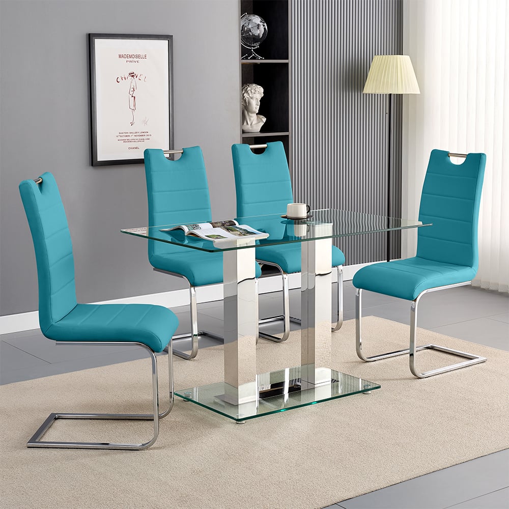 Read more about Jet small clear glass dining table with 4 petra teal chairs