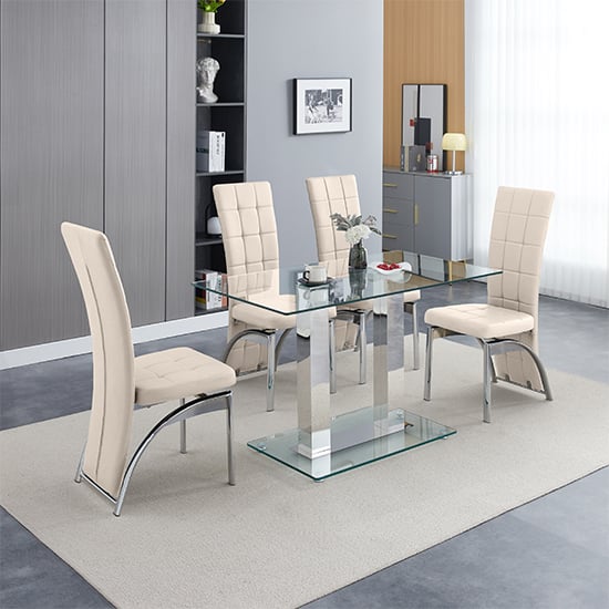 Jet Small Clear Glass Dining Table With 4 Ravenna Taupe Chairs