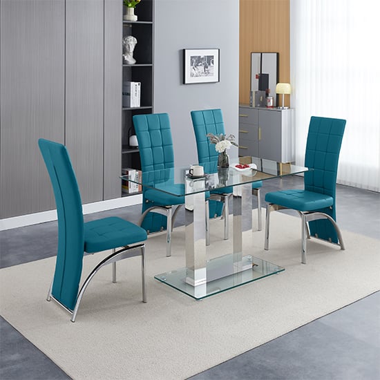 Jet Small Clear Glass Dining Table With 4 Ravenna Teal Chairs