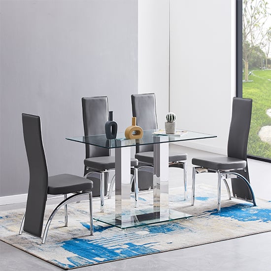 Photo of Jet small clear glass dining table with 4 romeo grey chairs