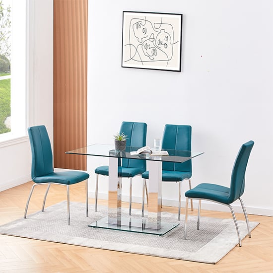 Photo of Jet small clear glass dining table with 4 opal teal chairs