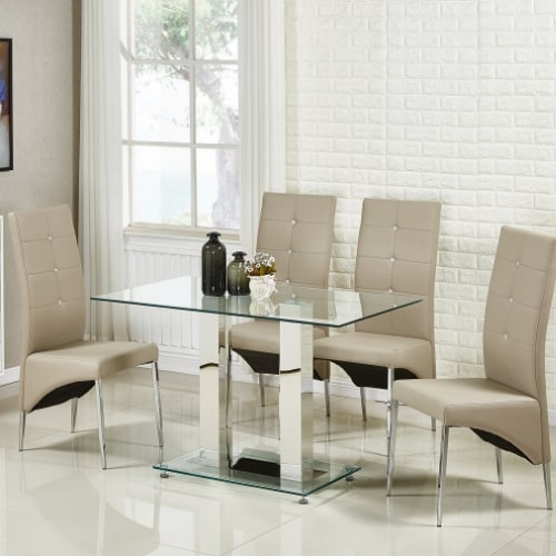 Product photograph of Jet Small Glass Dining Table In Clear With 4 Vesta Taupe Chairs from Furniture in Fashion