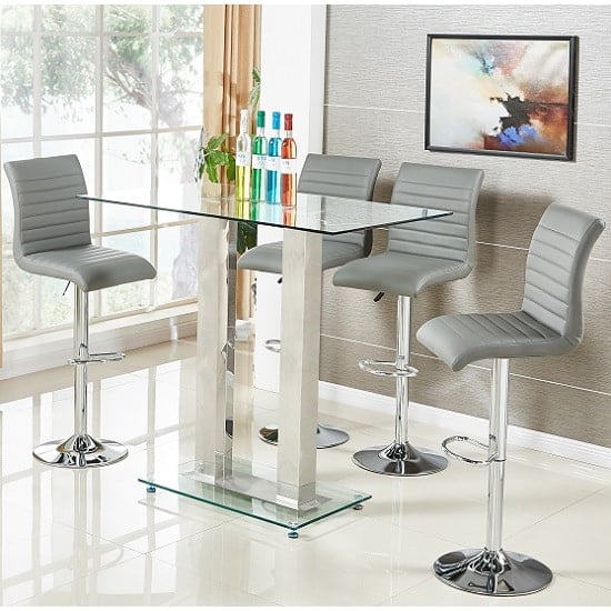 Jet Clear Glass Top Bar Table With 4 Ripple Grey Stools