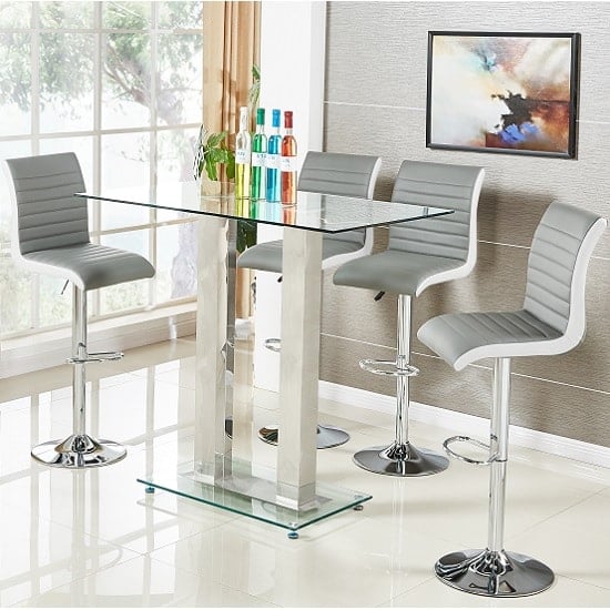 Photo of Jet clear glass top bar table with 4 ritz grey white stools