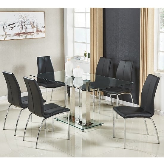 Photo of Jet large glass dining table in clear and 6 opal black chairs