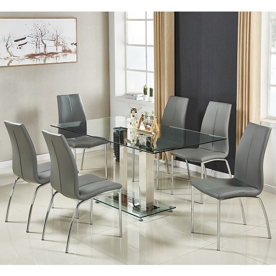 Read more about Jet large glass dining table in clear and 6 opal grey chairs