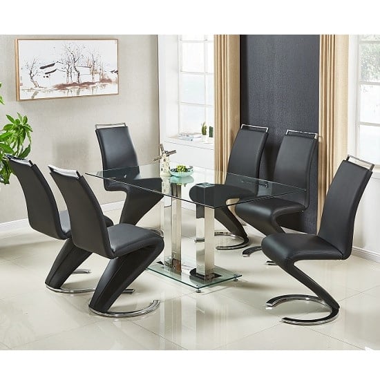 Product photograph of Jet Large Glass Dining Table In Clear And 6 Summer Black Chairs from Furniture in Fashion