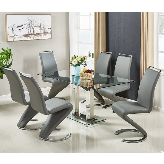 Product photograph of Jet Large Glass Dining Table In Clear And 6 Summer Grey Chairs from Furniture in Fashion