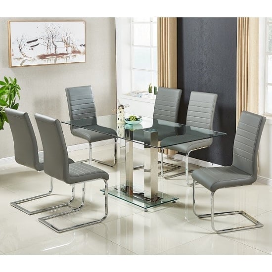 Jet Large Glass Dining Table In Clear And 6 Symphony Grey Chairs