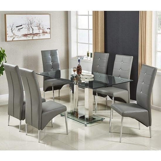 Jet Large Glass Dining Table In Clear And 6 Vesta Grey Chairs