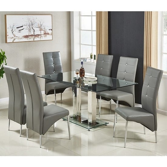 Read more about Jet large clear glass dining table with 6 vesta grey chairs