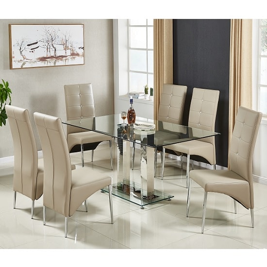 Photo of Jet large glass dining table in clear and 6 vesta taupe chairs