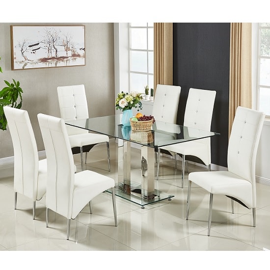 Jet Large Clear Glass Dining Table With 6 Vesta White Chairs