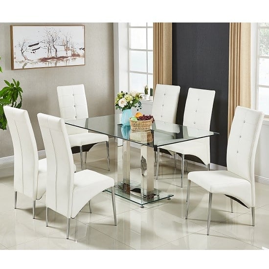 Read more about Jet large clear glass dining table with 6 vesta white chairs